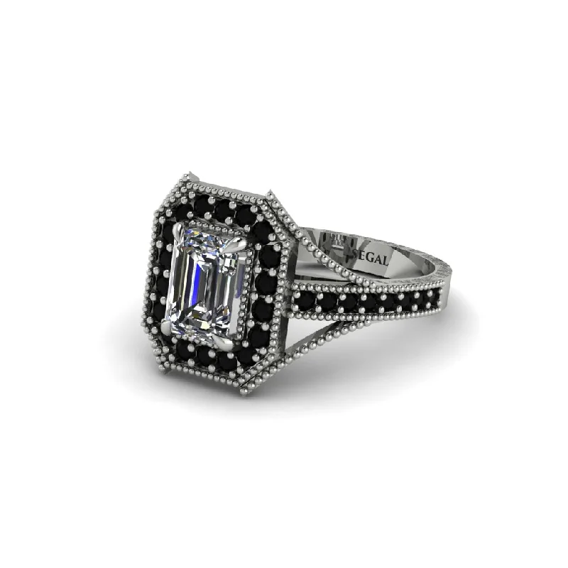 Emerald Cut Black Diamond Milgrain Halo Engagement Ring - Xanthe No. 33