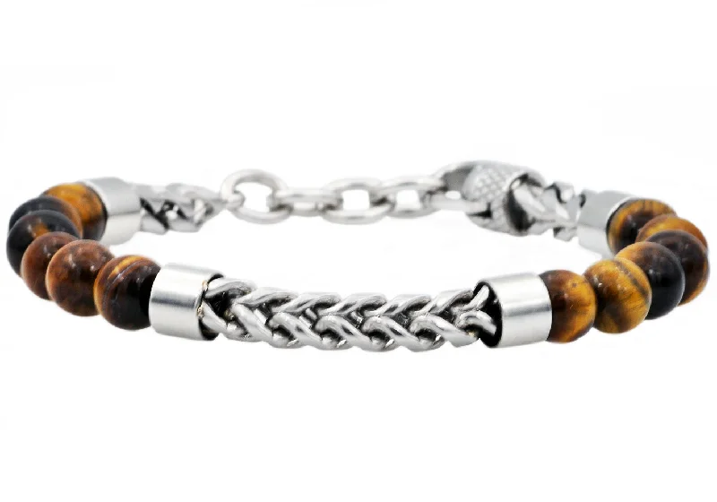 bar bracelets for women -Mens Genuine Tiger Eye Stainless Steel Beaded And Franco Link Chain Bracelet With Adjustable Clasp