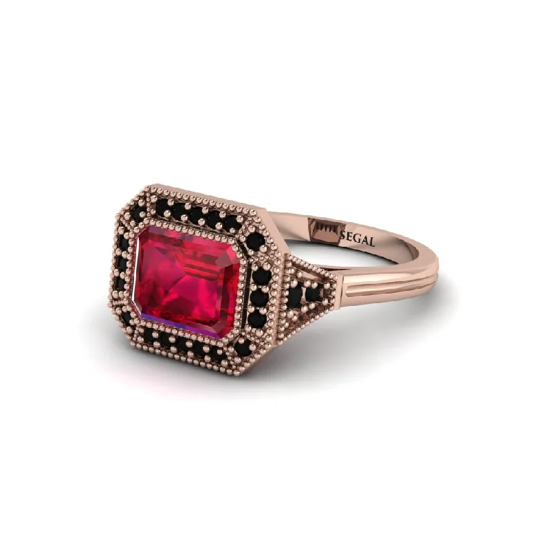 Emerald Cut Ruby Milgrain Halo Engagement Ring - Juniper No. 41