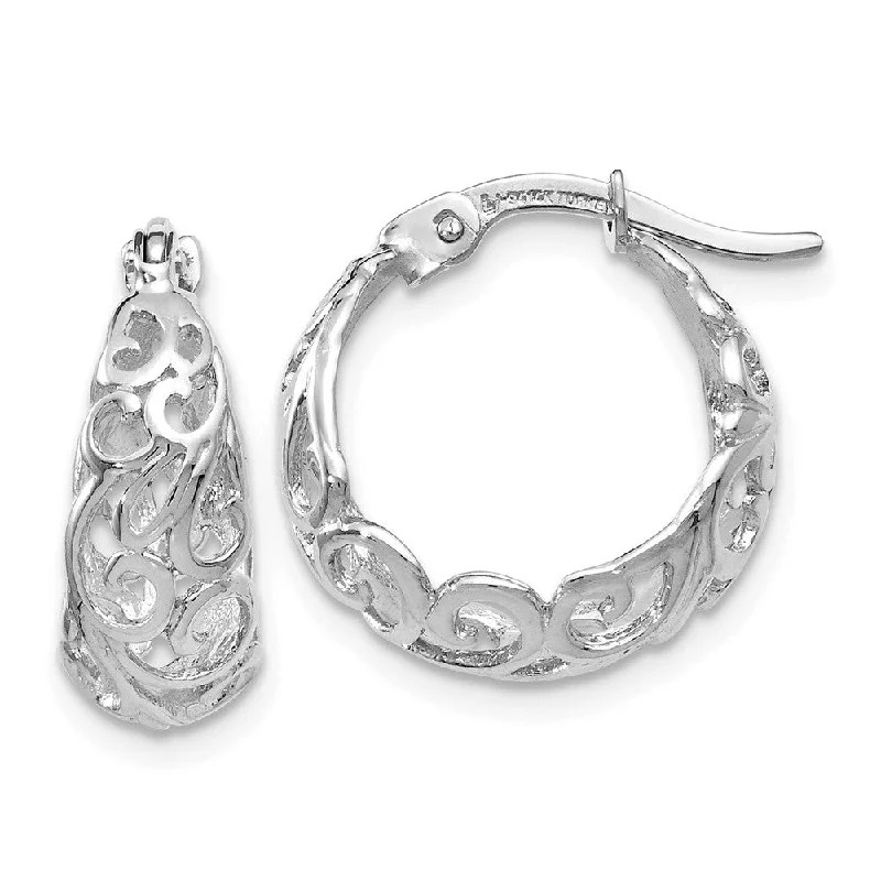 gothic earrings for women -Ornate Tapered Round Hoop Earrings in 14k White Gold, 16mm (5/8 Inch)