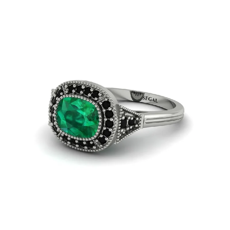 Cushion Cut Emerald Milgrain Halo Engagement Ring - Blake No. 36