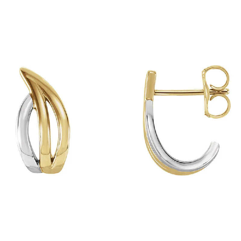 sun earrings for women -5 x 14mm (9/16 Inch) 14k Yellow & White Gold Freeform J-Hoop Earrings