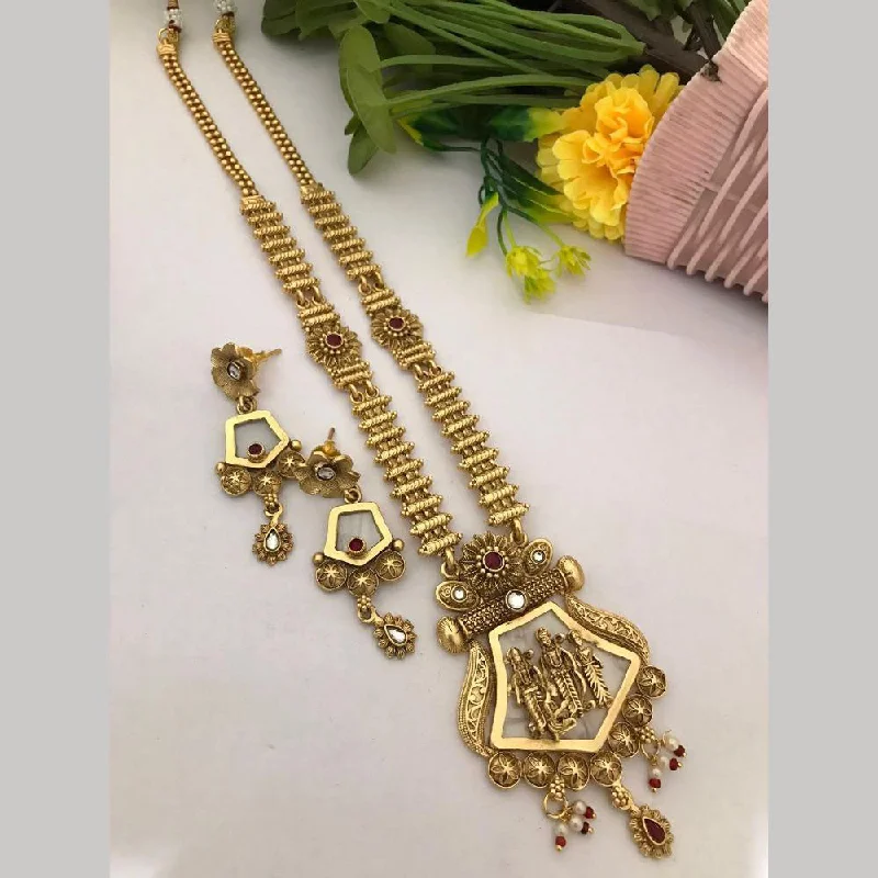 minimalist necklaces for women -FS Collection Gold Plated Pota Stone Temple Long Necklace Set