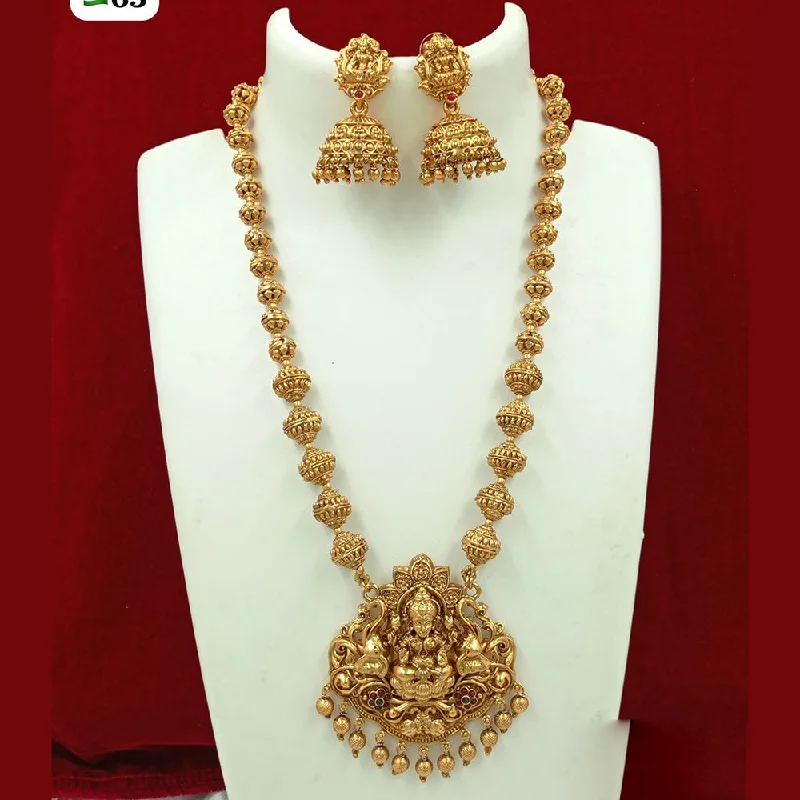 classic necklaces for women -FS Collection Gold Plated Pota Stone And Pearl Temple Long Necklace Set