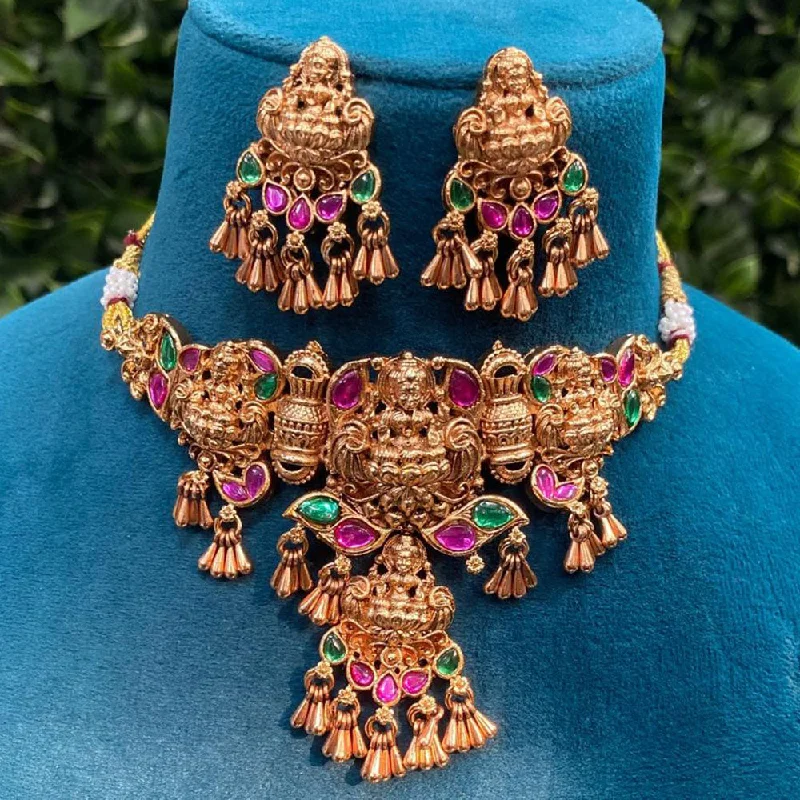 sun pendant necklaces for women -Royal Kundan Jewellery Rose Gold Plated Pota Stone Temple Necklace Set