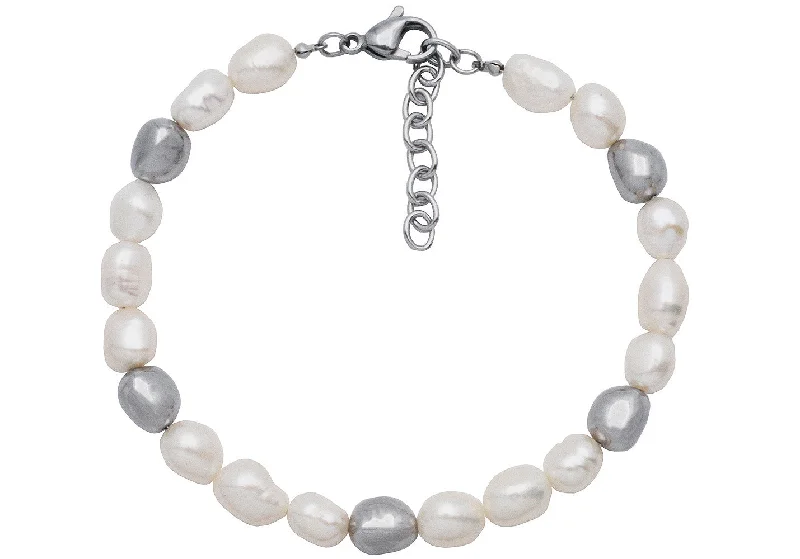 wedding bracelets for women -Mens 6MM Baroque Pearl Stainless Steel Bracelet