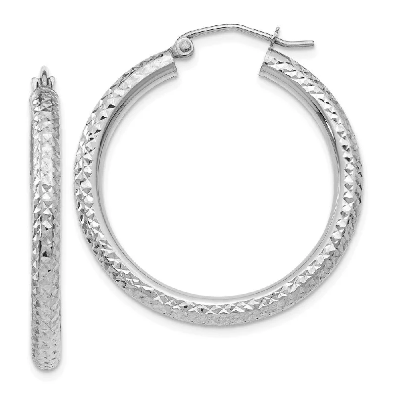 silver earrings for women -3mm x 30mm, 14k White Gold, Diamond-cut Round Hoop Earrings