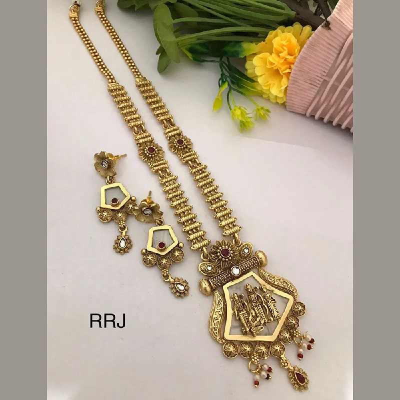 dainty gold necklaces for women -FS Collection Gold Plated Pota Stone Temple Necklace Set