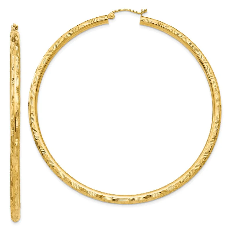 unique handcrafted earrings -3mm x 65mm 14k Yellow Gold Textured Round Hoop Earrings