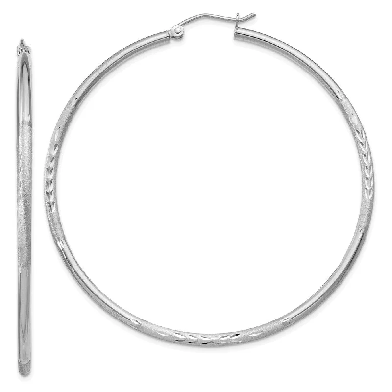 bar earrings for women -2mm x 55mm 14k White Gold Satin & Diamond-Cut Round Hoop Earrings