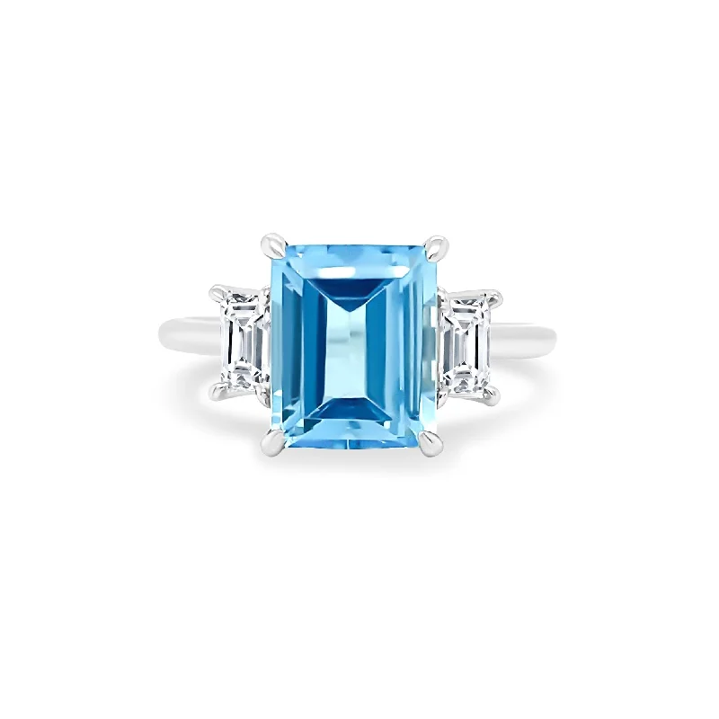 vintage-inspired rings for women -Emerald Cut Aquamarine with Emerald Cut Diamond Side Stones