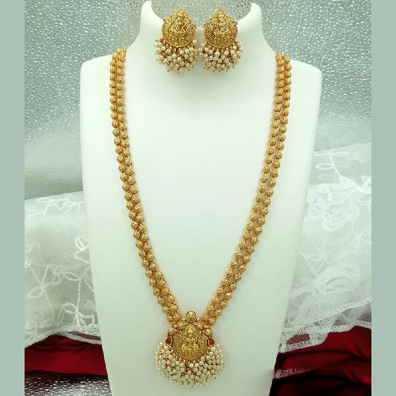 unique necklaces for women -Joyful Jewel Art Matte Gold Plated Pota Stone And Pearl Temple Long Necklace Set