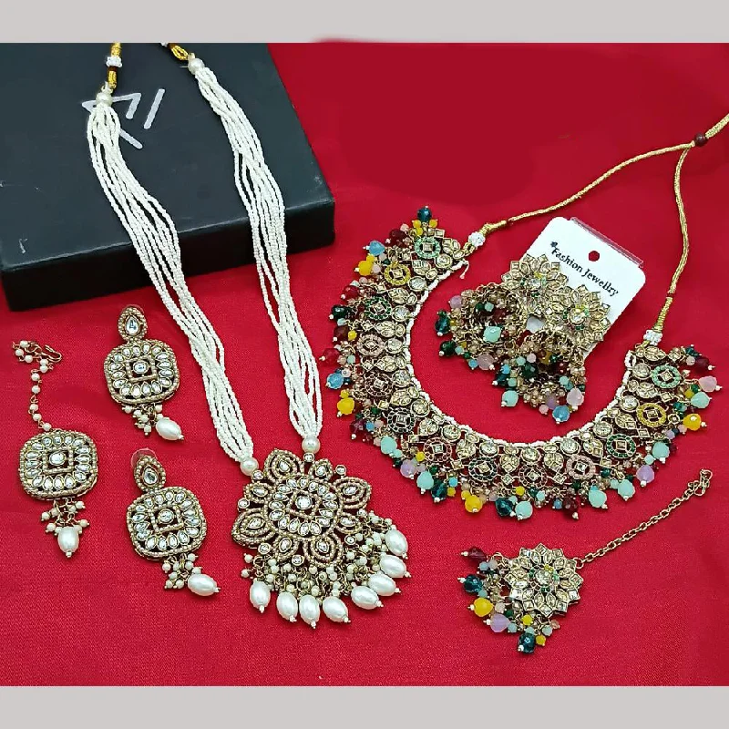 classic pearl strand necklaces -Lucentarts Jewellery Gold Plated Kundan And Crystal Stone Beads Double Necklace Set