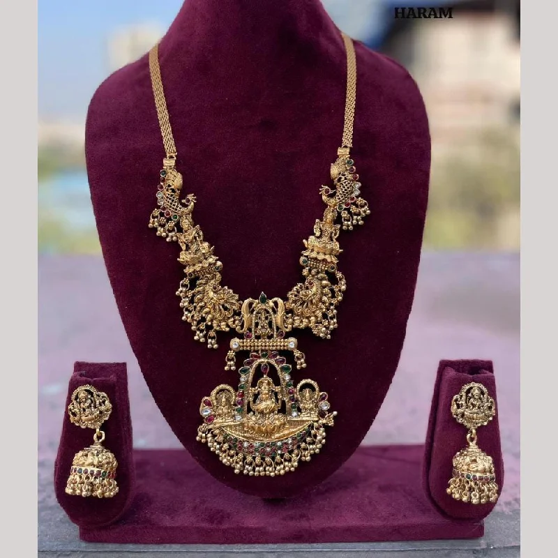 high fashion necklaces for women -FS Collection Gold Plated Pota Stone Temple And Pearls Long Necklace Set