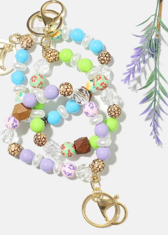 best fashion bracelets for women -Wood and Pearl Bead Keychain Bracelet