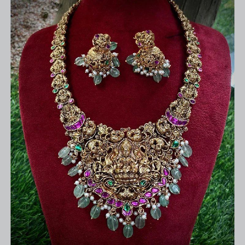 fashion necklaces for women -Royal Kundan Jewellery Gold Plated Pota Stone And Temple Long Necklace Set