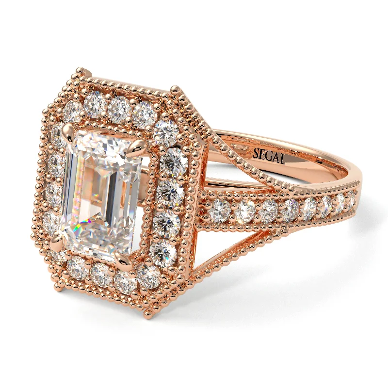 Emerald Cut Diamond Milgrain Halo Engagement Ring - Xanthe No. 2