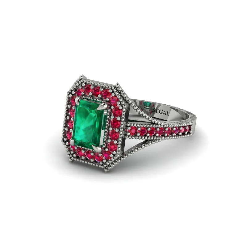 Emerald Cut Ruby Milgrain Halo Engagement Ring - Xanthe No. 51