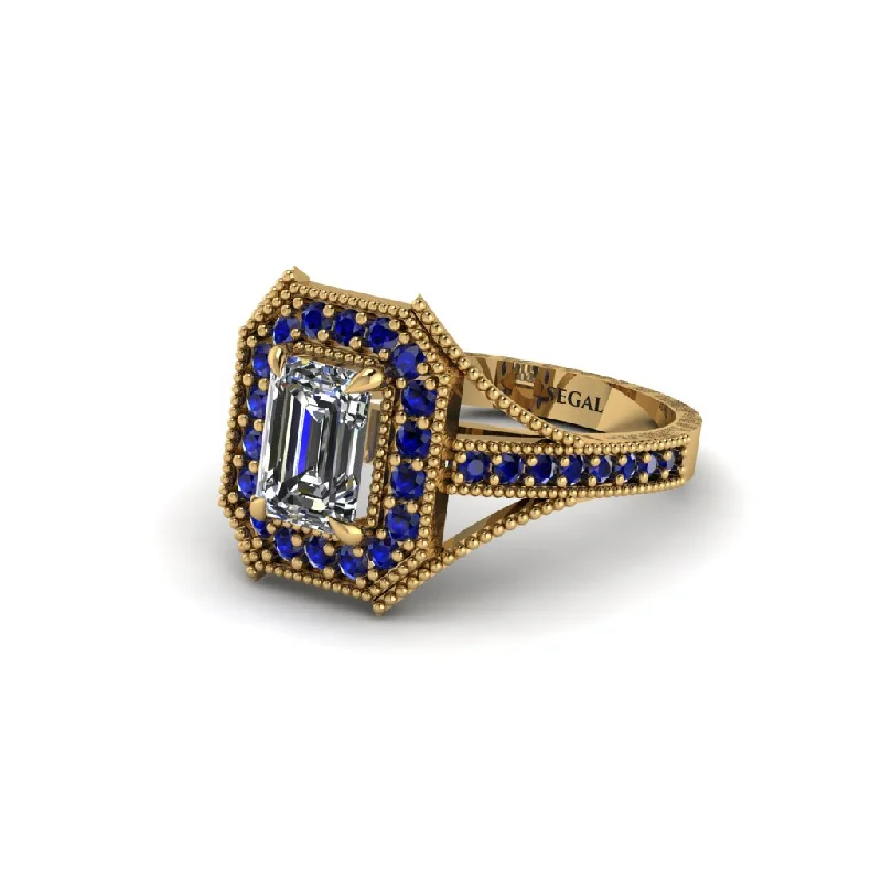 Emerald Cut Sapphire Milgrain Halo Engagement Ring - Xanthe No. 61