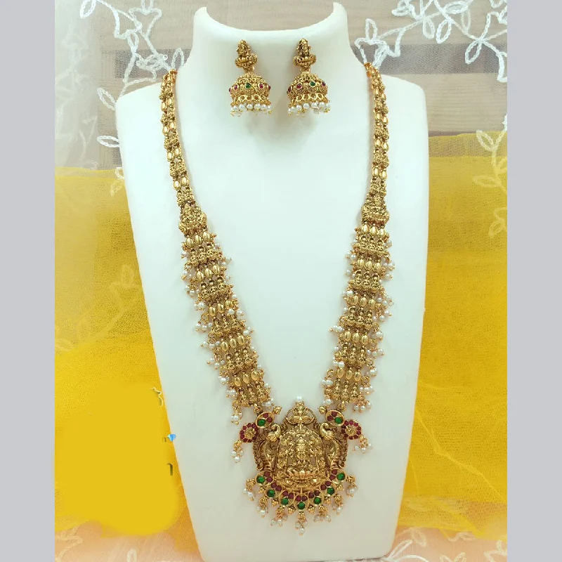 trendy necklaces for women -FS Collection Gold Plated Pota Stone And Pearl Temple Long Necklace Set