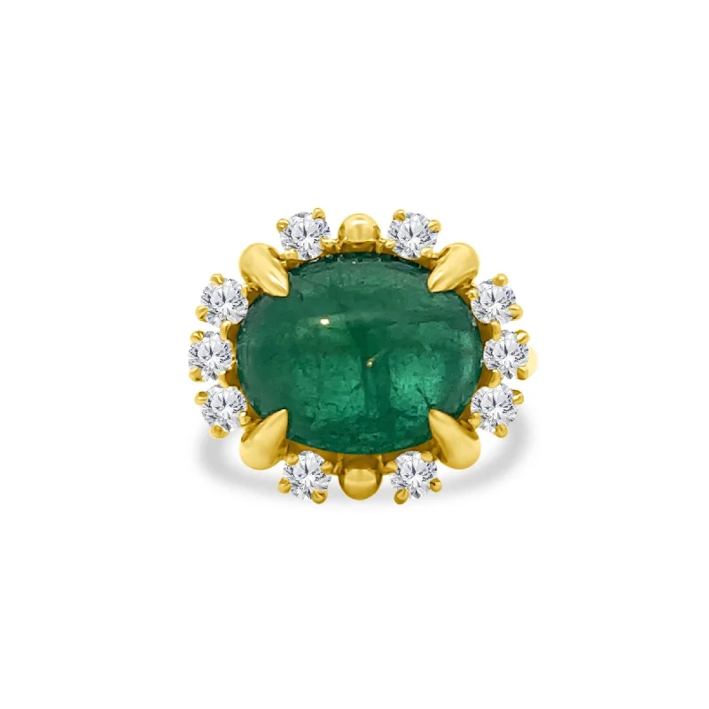 asymmetrical rings for women -Cabochon Emerald & Diamond Halo Ring