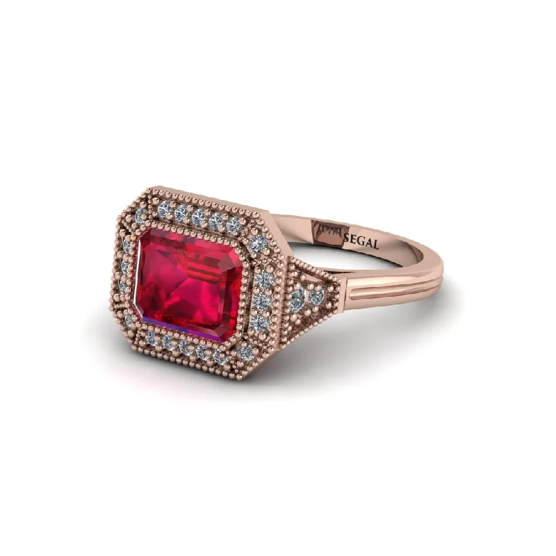 Emerald Cut Ruby Milgrain Halo Engagement Ring - Juniper No. 11