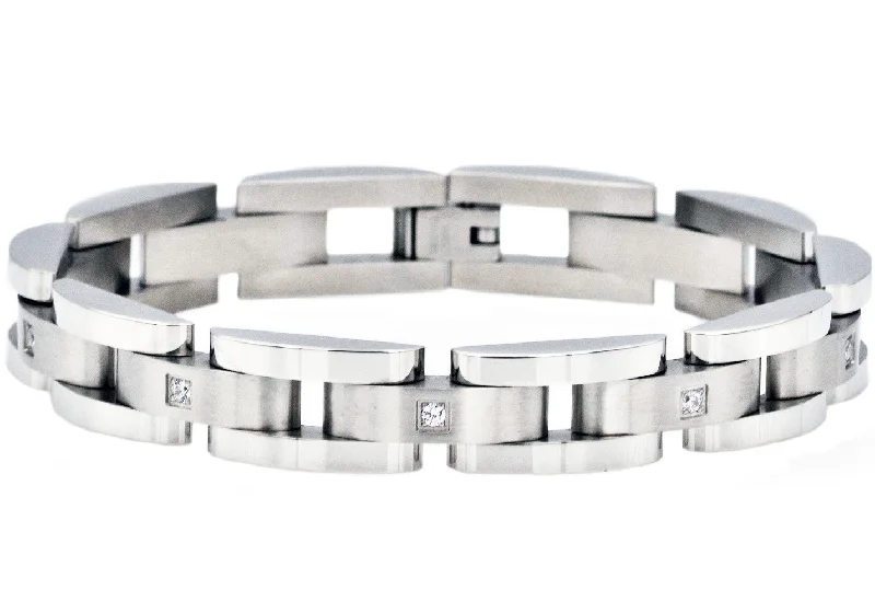 cuff bracelets for women -Mens Curved Link Stainless Steel Bracelet With Cubic Zirconia