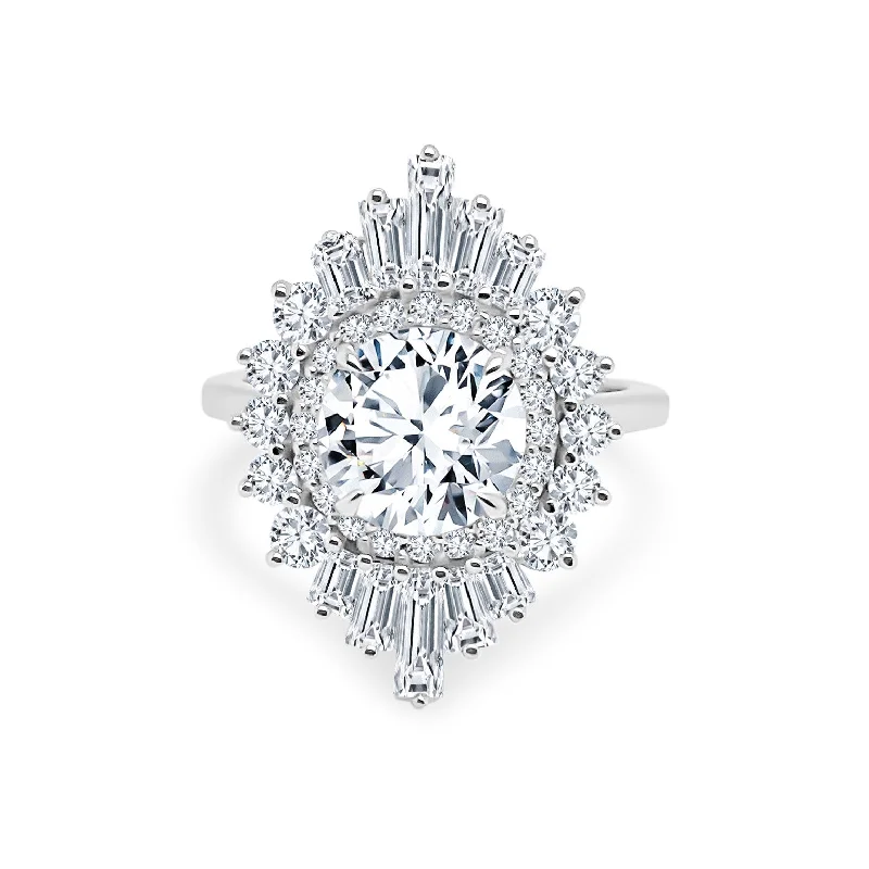 star-shaped rings for women -Round Diamond with Sunburst Halo