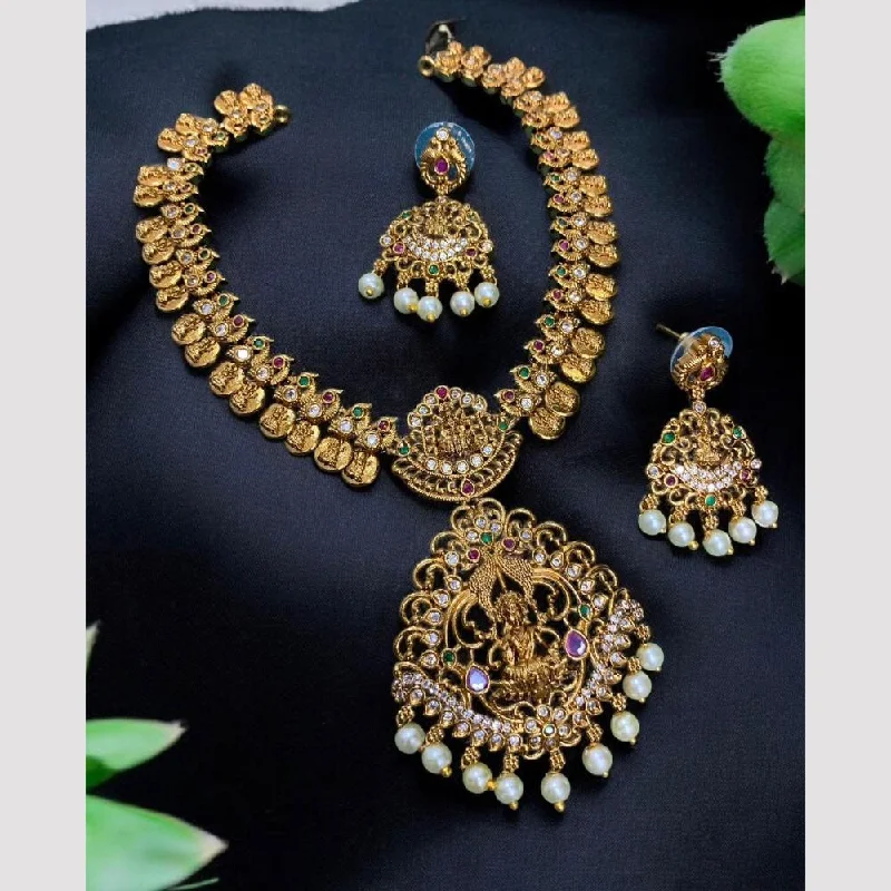 vintage-inspired necklaces for women -Sona Creation Gold Plated Pota Stone And Pearls Temple Necklace Set