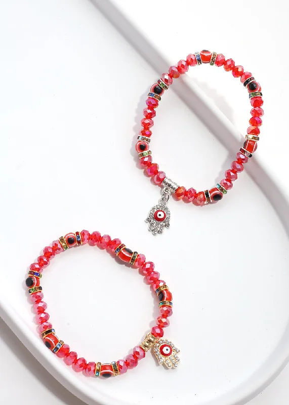 elegant cuff bangles for women -Red Hamsa Hand Bracelet with Multi Rhinestones