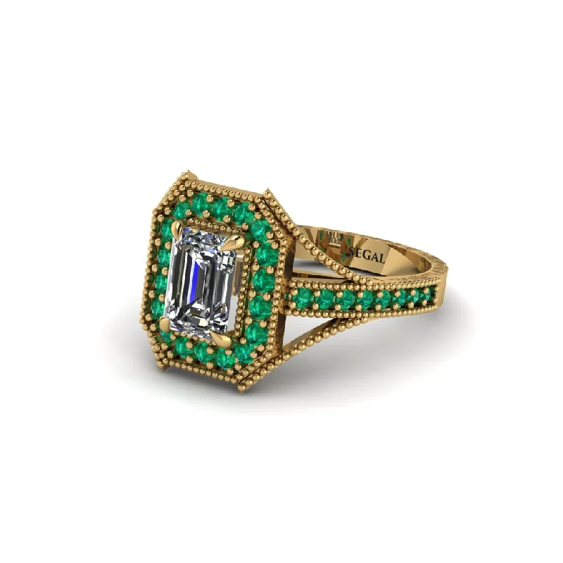 Emerald Cut Emerald Milgrain Halo Engagement Ring - Xanthe No. 16