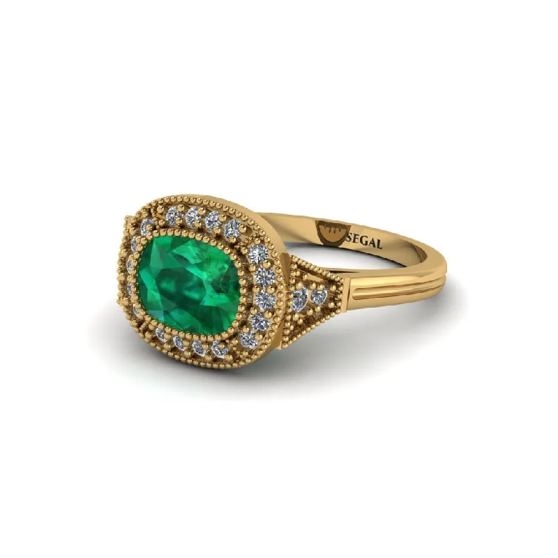 Cushion Cut Emerald Milgrain Halo Engagement Ring - Blake No. 4