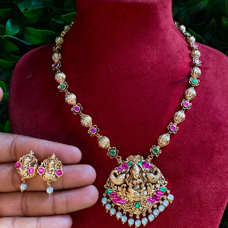 gold necklaces for women -Royal Kundan Jewellery Gold Plated Pota Stone Temple Necklace Set