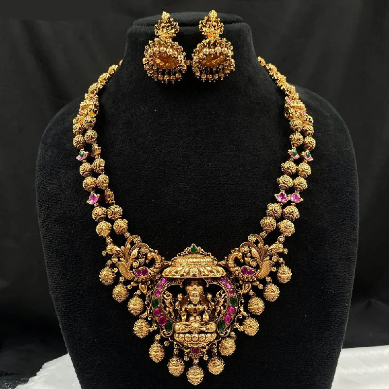 dainty charm necklaces for women -Royal Kundan Jewellery Gold Plated Pota Stone Temple Necklace Set