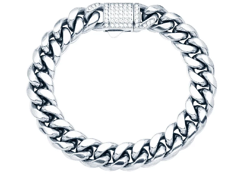 diamond infinity bracelets for women -Men's 12mm Stainless Steel Miami Cuban Link Chain Bracelet With CZ Box Clasp