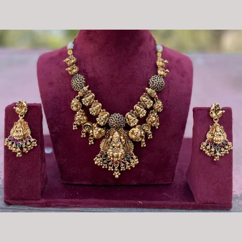 celestial necklaces for women -FS Collection Gold Plated Pota Stone Temple And Pearls Necklace Set