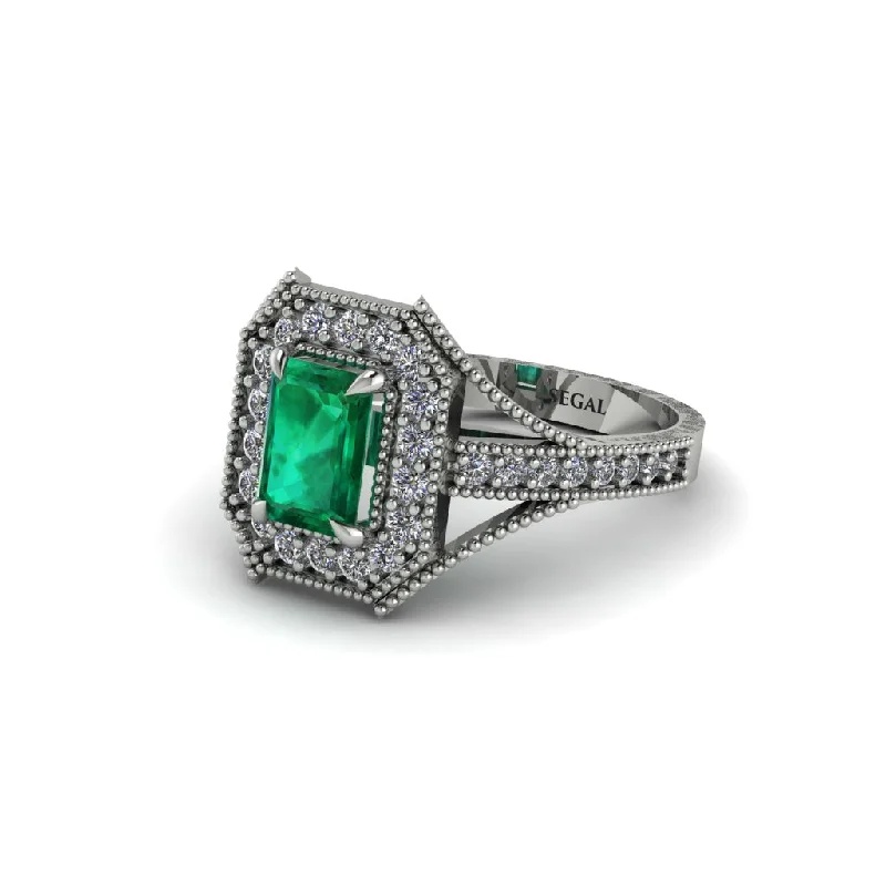 Emerald Cut Diamond Milgrain Halo Engagement Ring - Xanthe No. 6