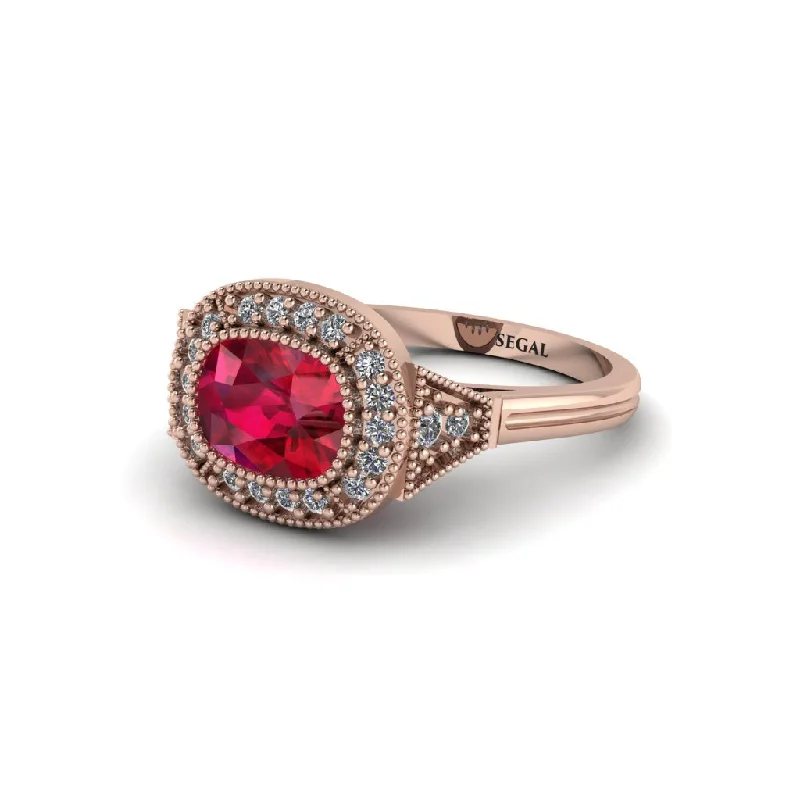 Cushion Cut Ruby Milgrain Halo Engagement Ring - Blake No. 11