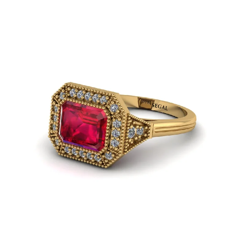 Emerald Cut Ruby Milgrain Halo Engagement Ring - Juniper No. 10