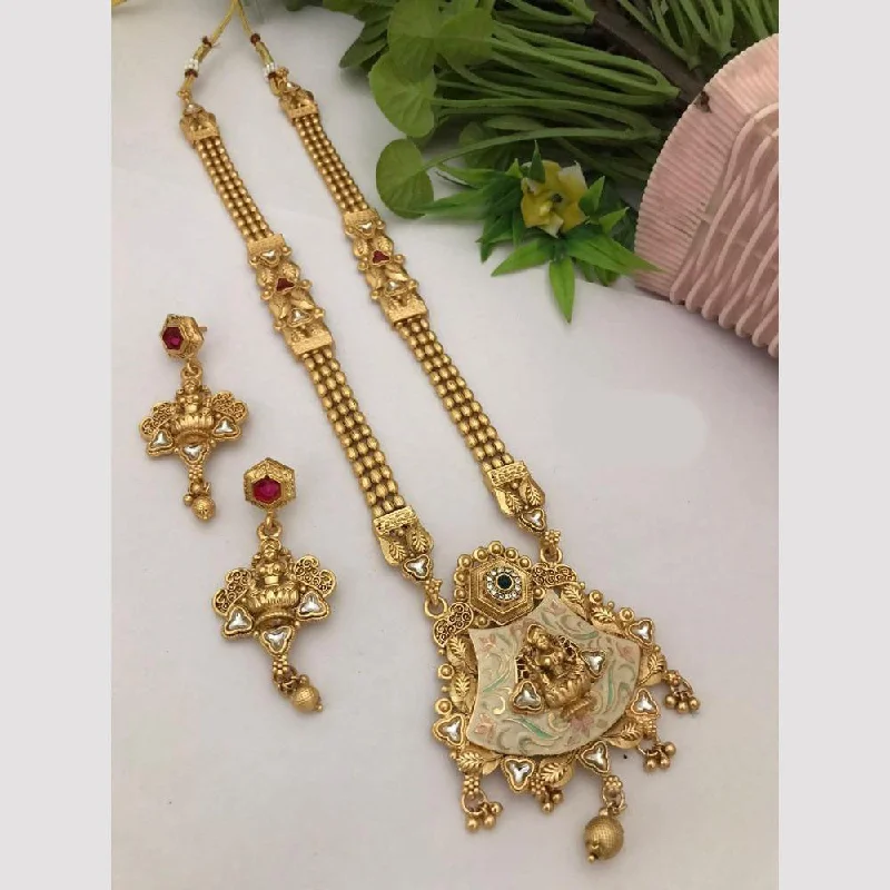 bar necklaces for women -FS Collection Gold Plated Kundan Stone And Meenakari Temple Necklace Set