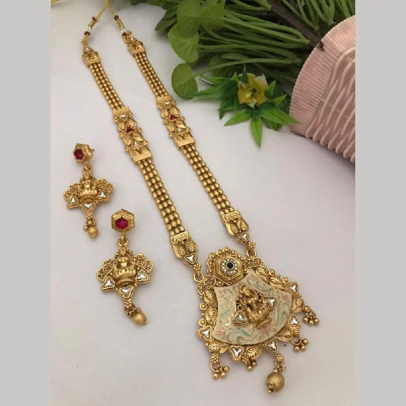 opal necklaces for women -FS Collection Gold Plated Pota Stone Meenakari Temple Long Necklace Set