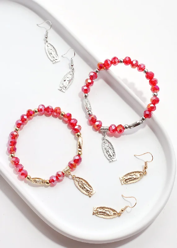 tiny charm bracelets for women -Red Virgin Mary Bead Bracelet & Earring Set