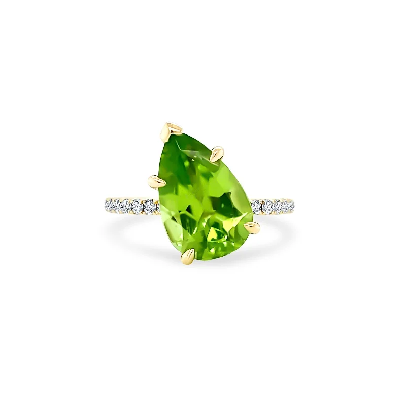 oval rings for women -Offset Pear Cut Peridot Solitaire on Diamond Band