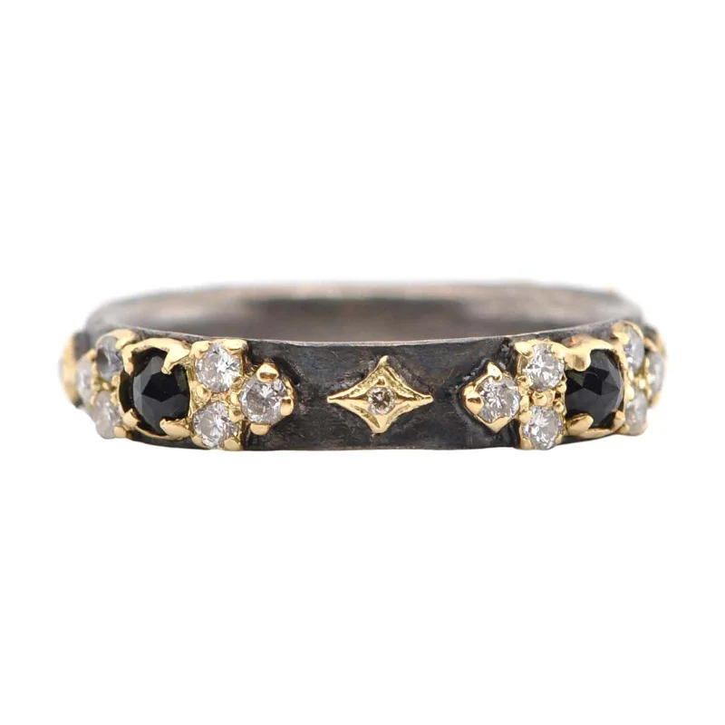 casual rings for women -Old World Stackable Ring with Diamonds and Black Sapphires