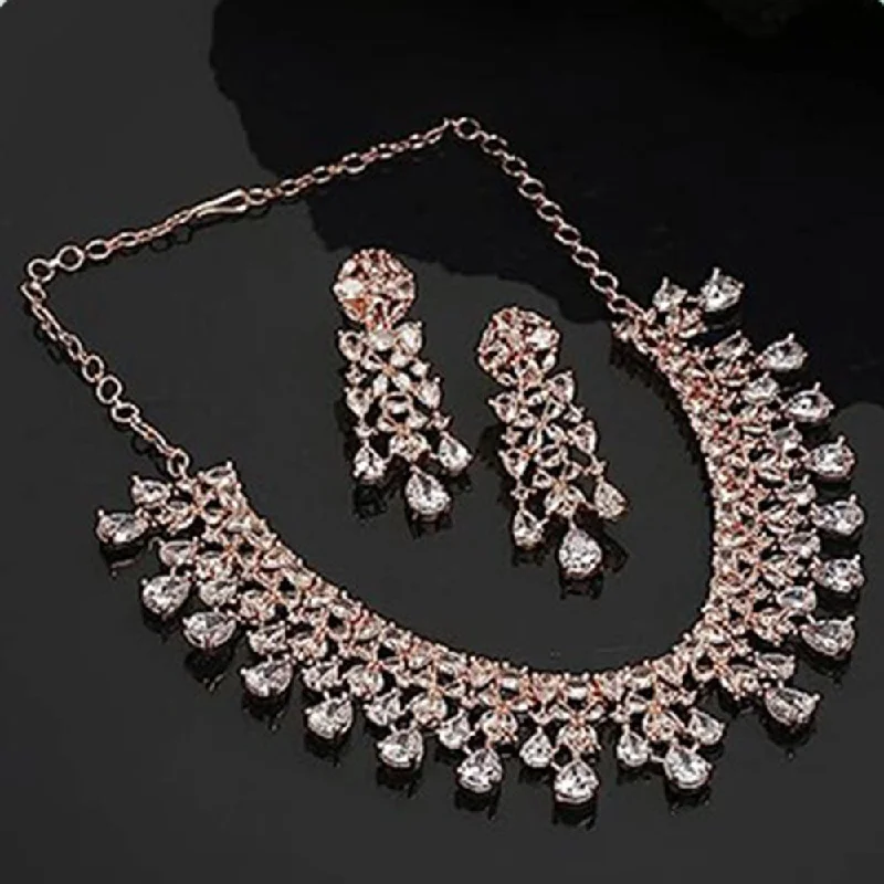 wedding necklaces for women -Beeji Creations Rose Gold Plated American Diamonds Necklace Set