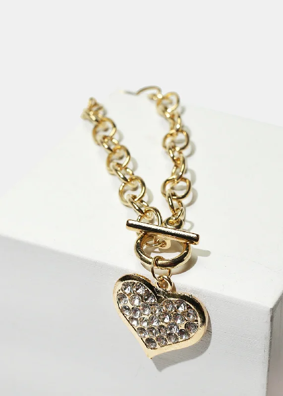 cuff bracelets for women -Rhinestone Heart Charm Gold Bracelet