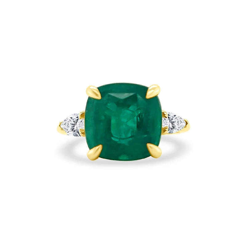 pearl rings for women -Cushion Cut Emerald with Pear Cut Diamond Side Stones