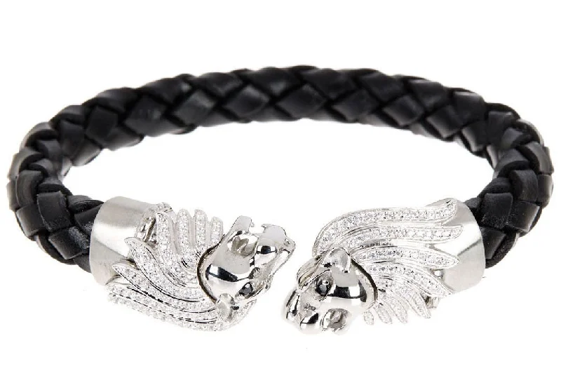 personalized bracelets for women -Mens Black Leather Stainless Steel Lion Bracelet With Cubic Zirconia