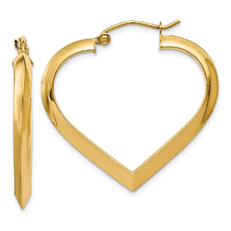 vintage-inspired earrings for women -3mm x 28mm Polished 14k Yellow Gold Knife Edge Heart Hoop Earrings