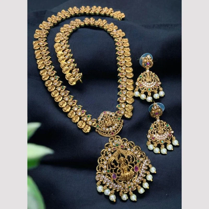 unique necklaces for women -Sona Creation Gold Plated Pota Stone And Pearls Temple Necklace Set